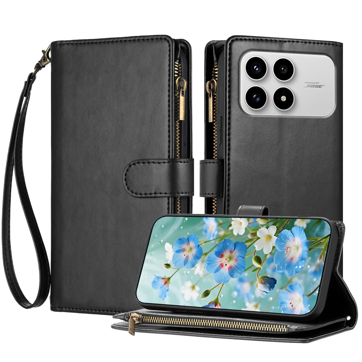 Xiaomi Poco F8 Pro 5G / Redmi K90 5G / Redmi K100 Pro 5G (Kina) Läderfodral Dragkedja Plånboksfodral Stötsäkert mobilfodral med Handledsrem