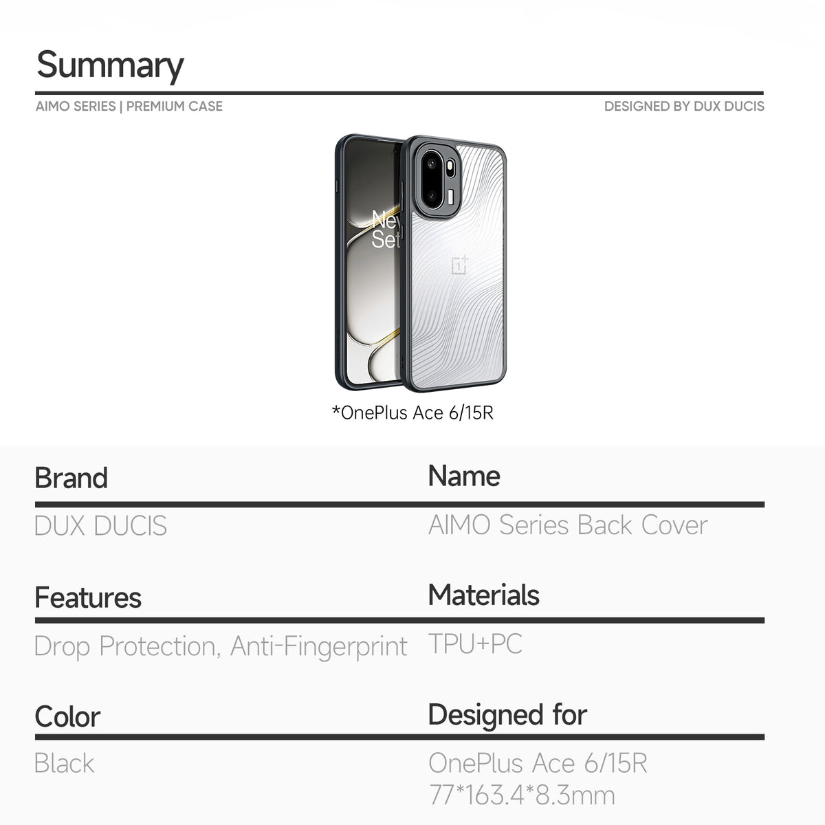 DUX DUCIS Aimo Series TPU+PC-mat, skridsikkert mobilcover til OnePlus Ace 6 5G / OnePlus Ace 6T 5G / OnePlus 15R 5G (REACH-certificering)