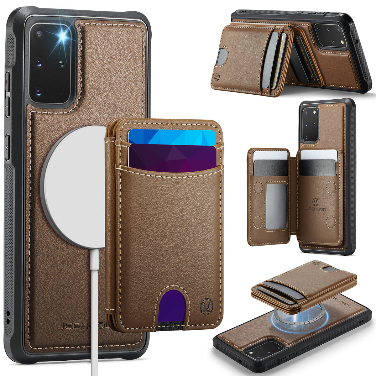 JEEHOOD cover til Samsung Galaxy S20 Plus 4G J10, magnetisk lædercover med aftagelig kortholder og støtte