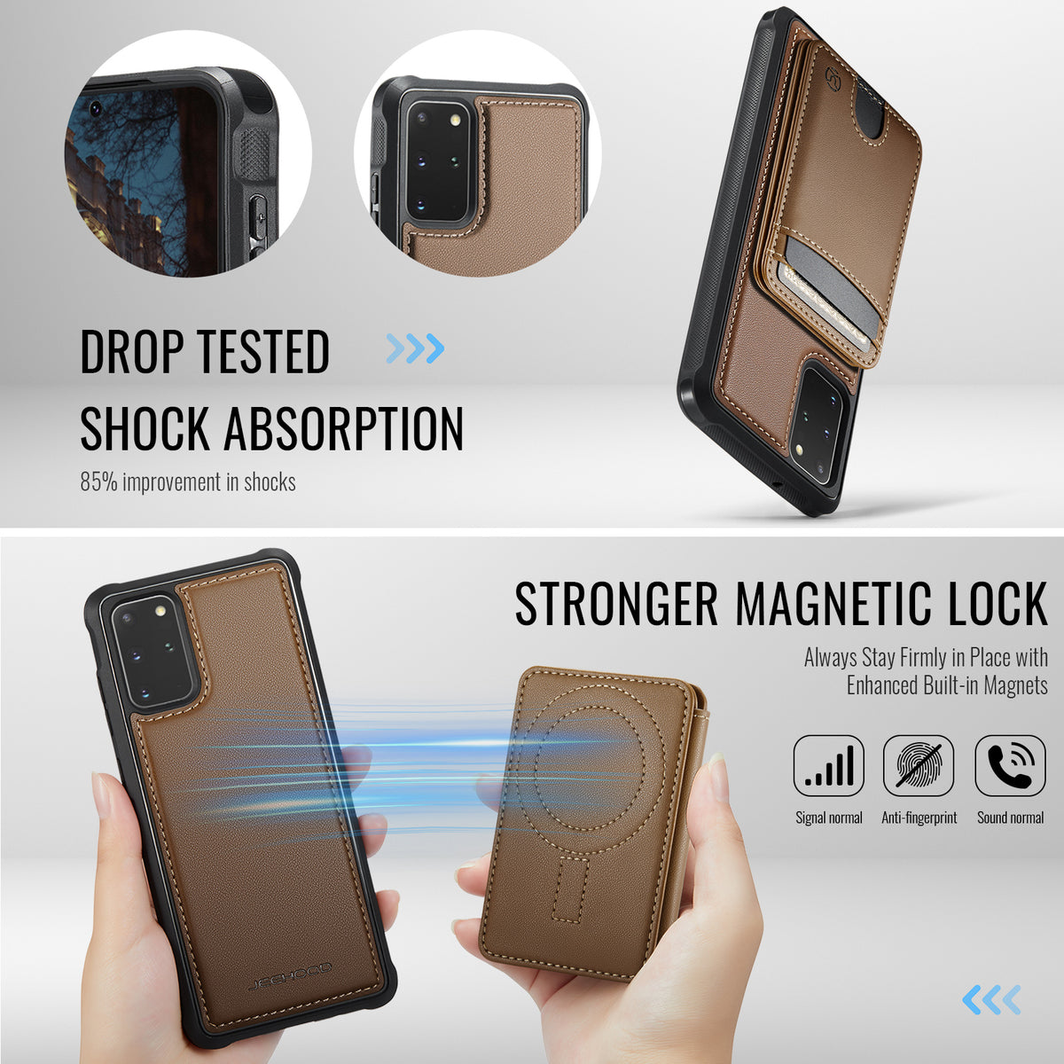 JEEHOOD cover til Samsung Galaxy S20 Plus 4G J10, magnetisk lædercover med aftagelig kortholder og støtte