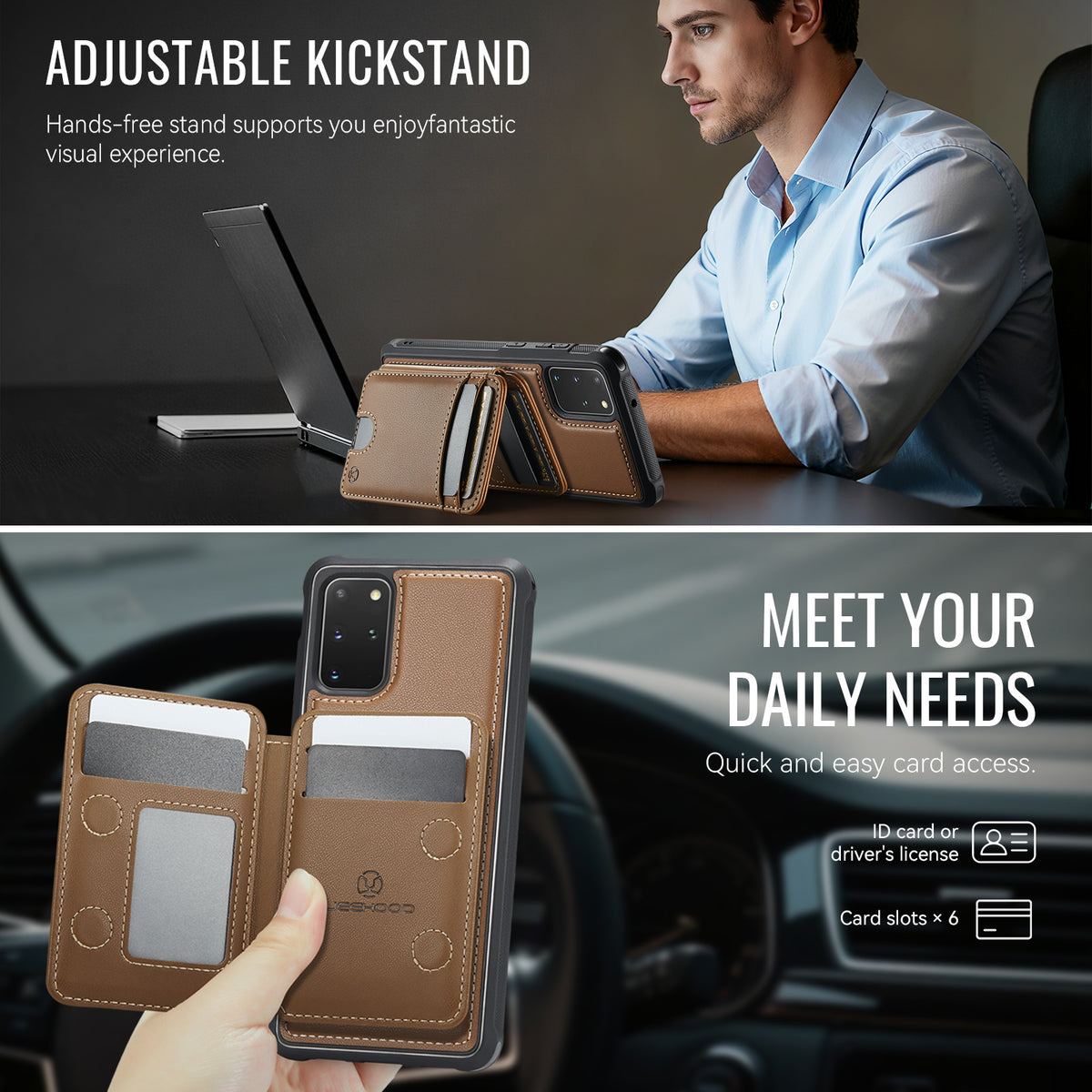 JEEHOOD cover til Samsung Galaxy S20 Plus 4G J10, magnetisk lædercover med aftagelig kortholder og støtte