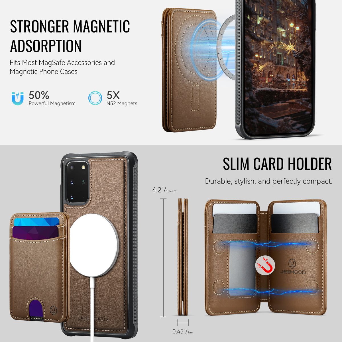 JEEHOOD cover til Samsung Galaxy S20 Plus 4G J10, magnetisk lædercover med aftagelig kortholder og støtte