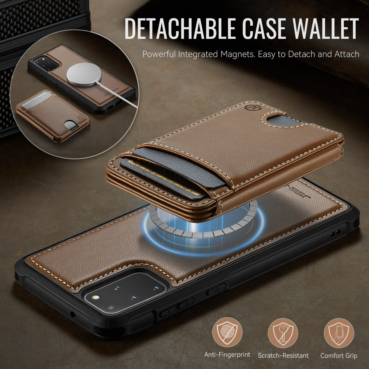JEEHOOD cover til Samsung Galaxy S20 Plus 4G J10, magnetisk lædercover med aftagelig kortholder og støtte