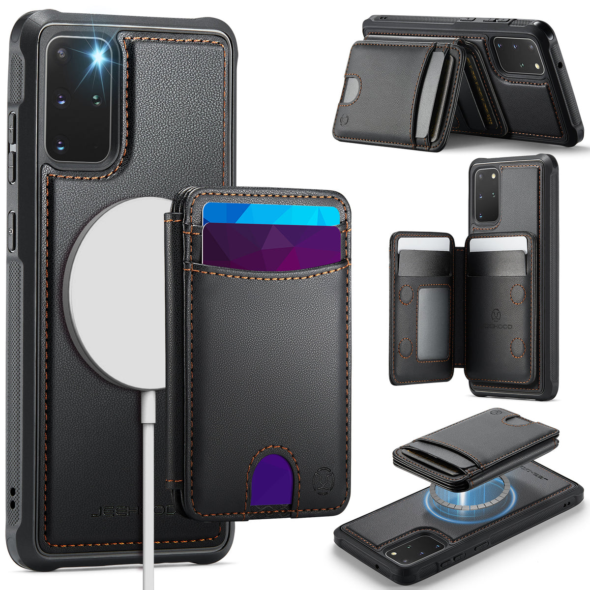 JEEHOOD cover til Samsung Galaxy S20 Plus 4G J10, magnetisk lædercover med aftagelig kortholder og støtte