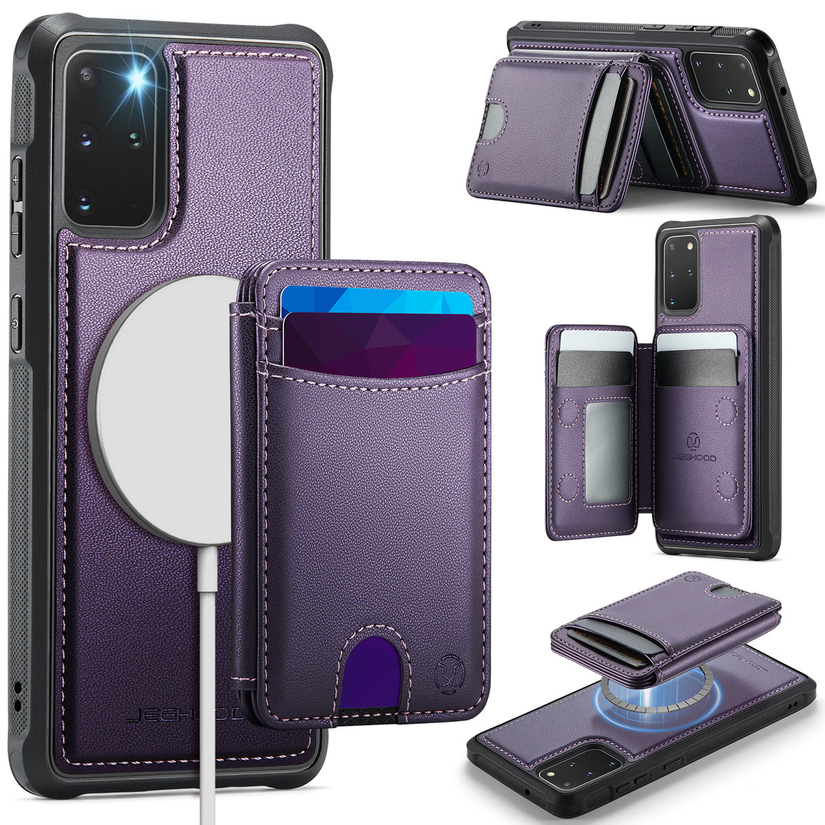 JEEHOOD cover til Samsung Galaxy S20 Plus 4G J10, magnetisk lædercover med aftagelig kortholder og støtte