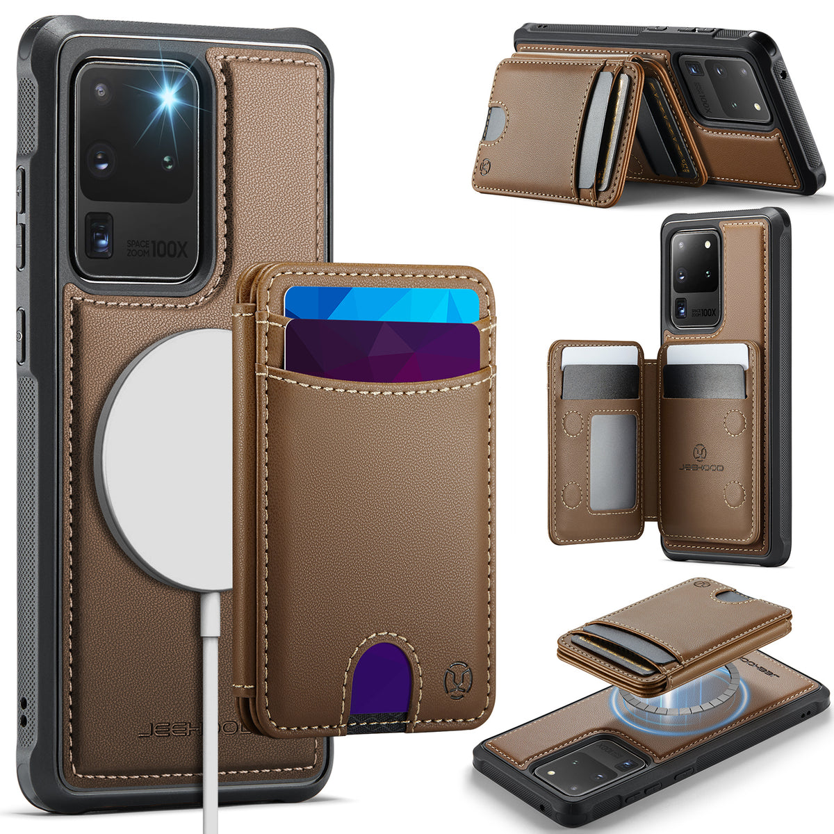 JEEHOOD For Samsung Galaxy S20 Ultra Case J10 Magnetic Case Leather Back Phone Cover with Detachable Card Holder Kickstand