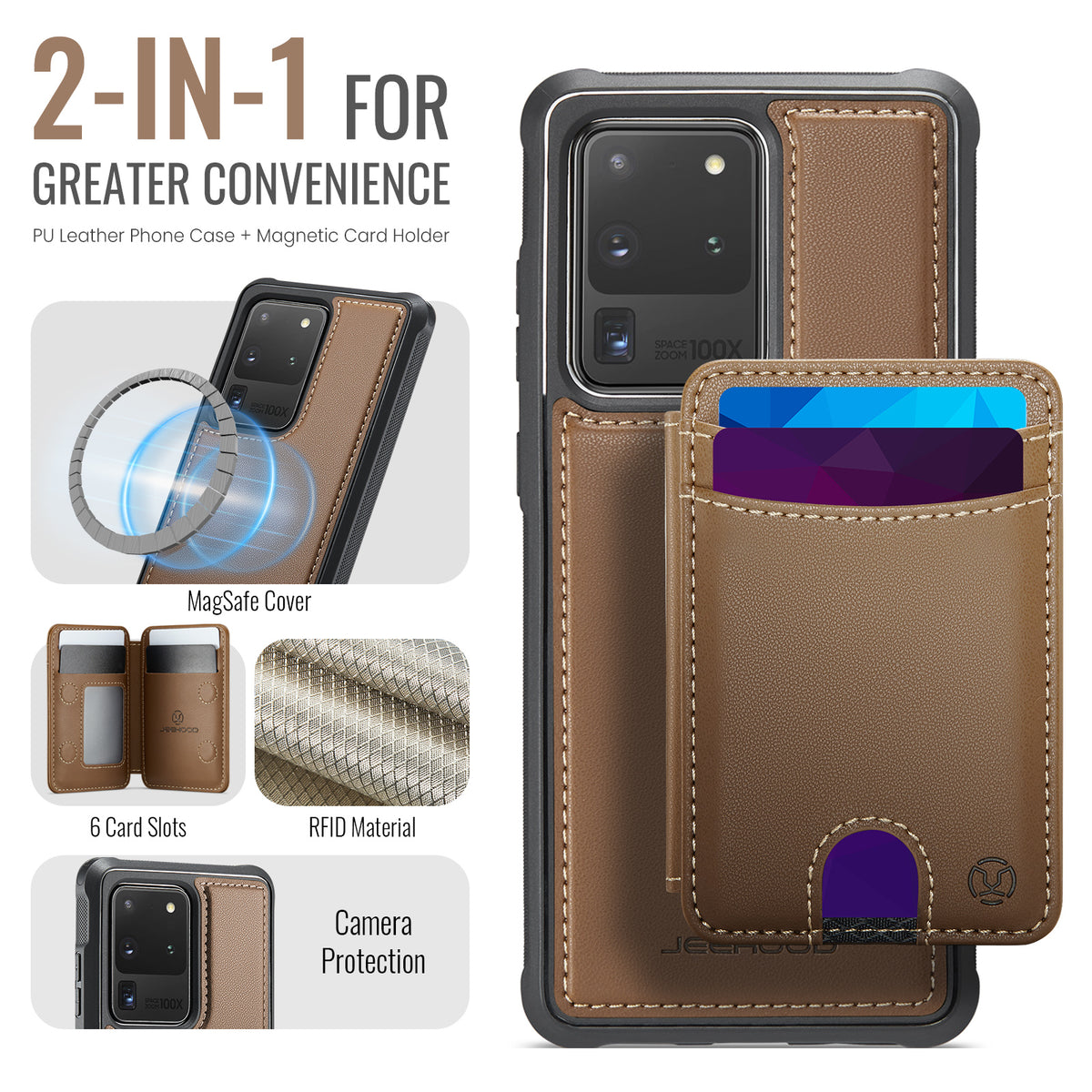 JEEHOOD For Samsung Galaxy S20 Ultra Case J10 Magnetic Case Leather Back Phone Cover with Detachable Card Holder Kickstand