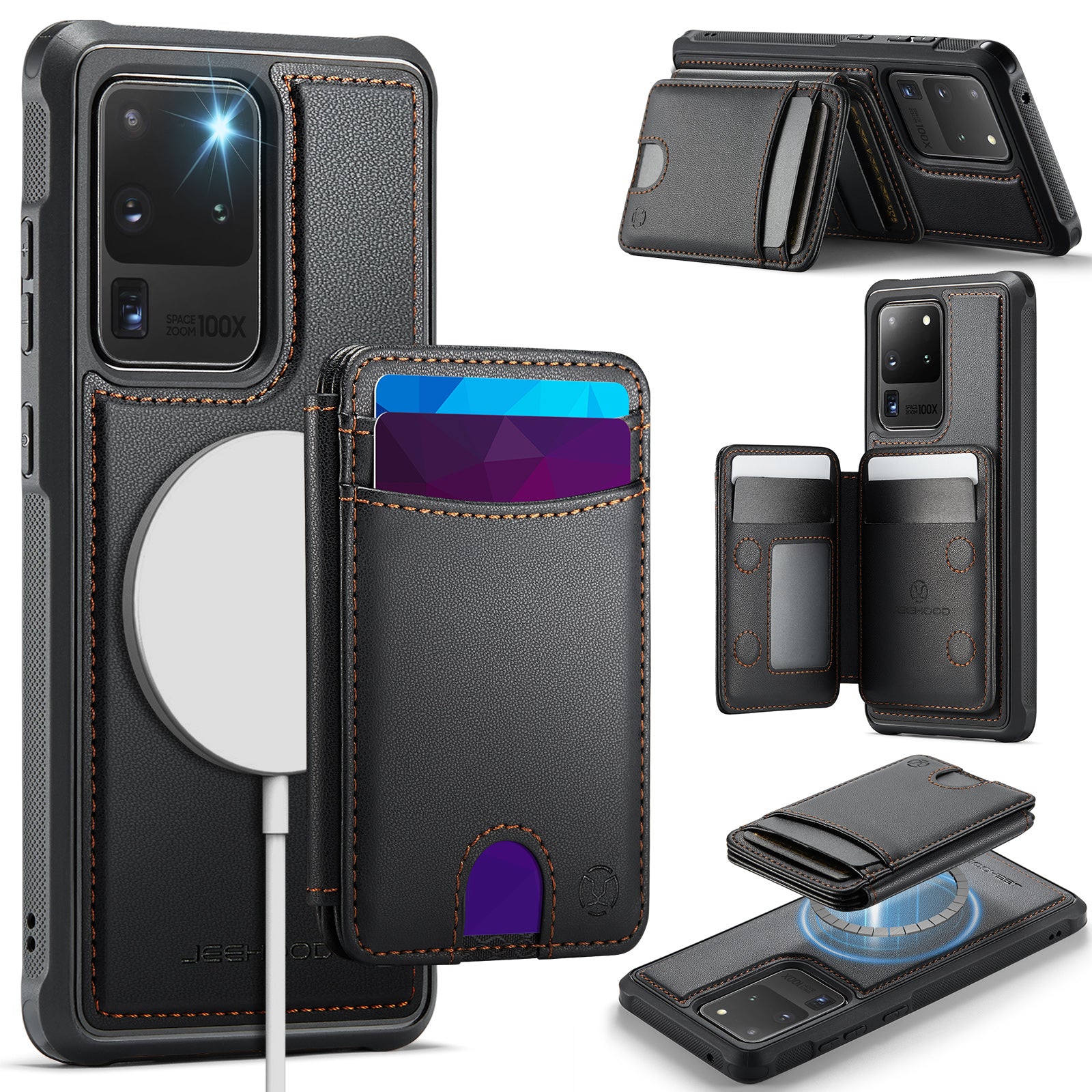JEEHOOD til Samsung Galaxy S20 Ultra Cover J10 Magnetisk Cover i læder til bagsiden af telefonen med aftagelig kortholder og støttefod