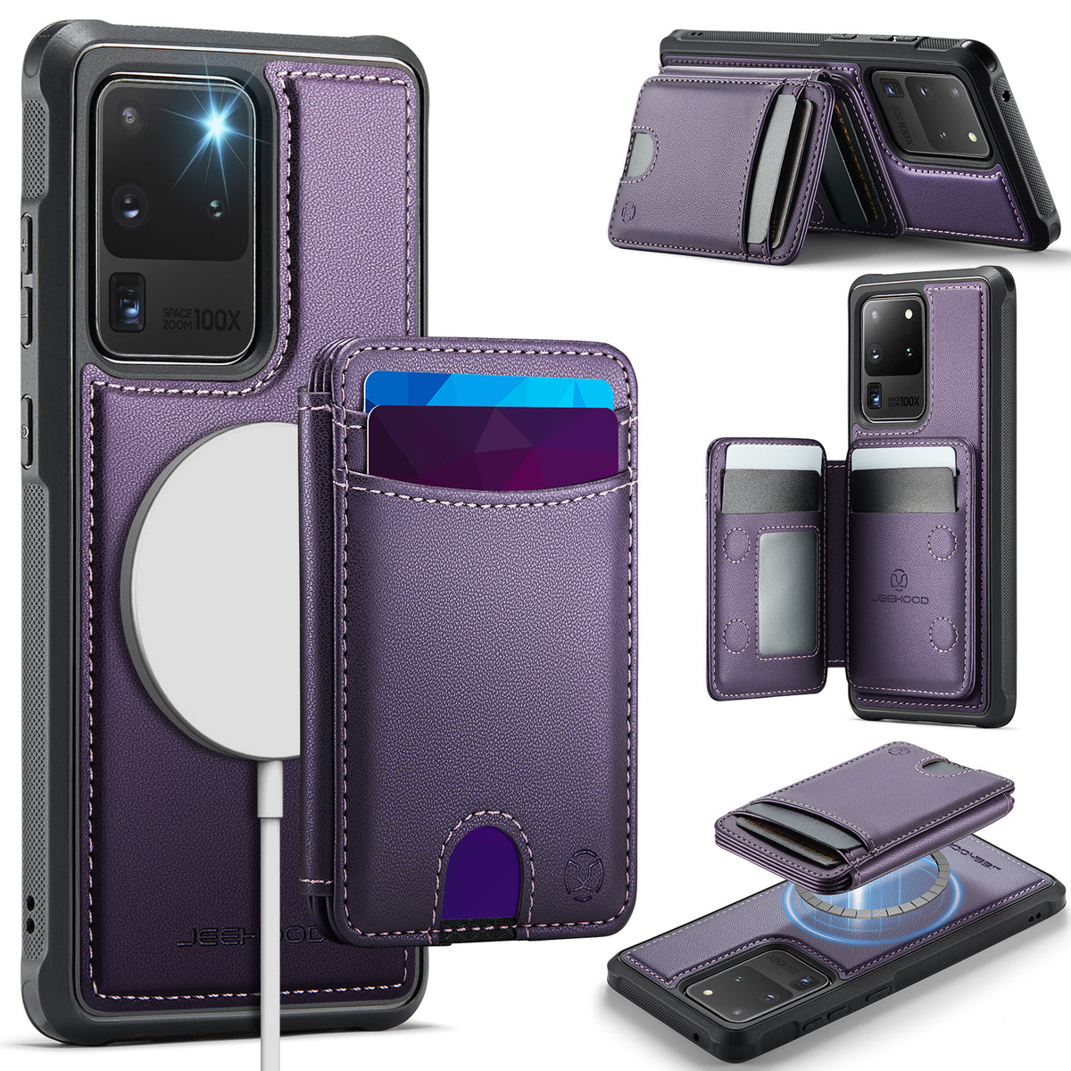 JEEHOOD For Samsung Galaxy S20 Ultra Case J10 Magnetic Case Leather Back Phone Cover with Detachable Card Holder Kickstand