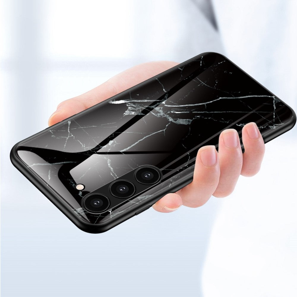 For Samsung Galaxy S23+ Marble Pattern Printing Tempered Glass Back Case Shockproof PC +TPU Frame Scratch-Resistant Phone Cover