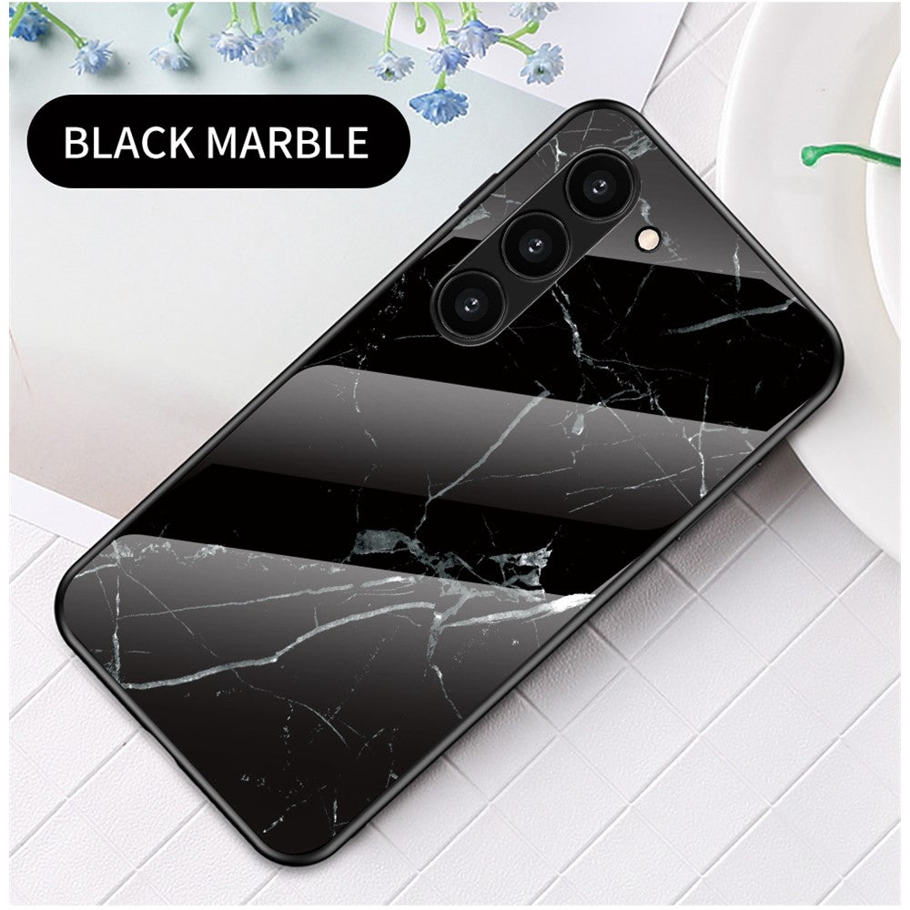 For Samsung Galaxy S23+ Marble Pattern Printing Tempered Glass Back Case Shockproof PC +TPU Frame Scratch-Resistant Phone Cover
