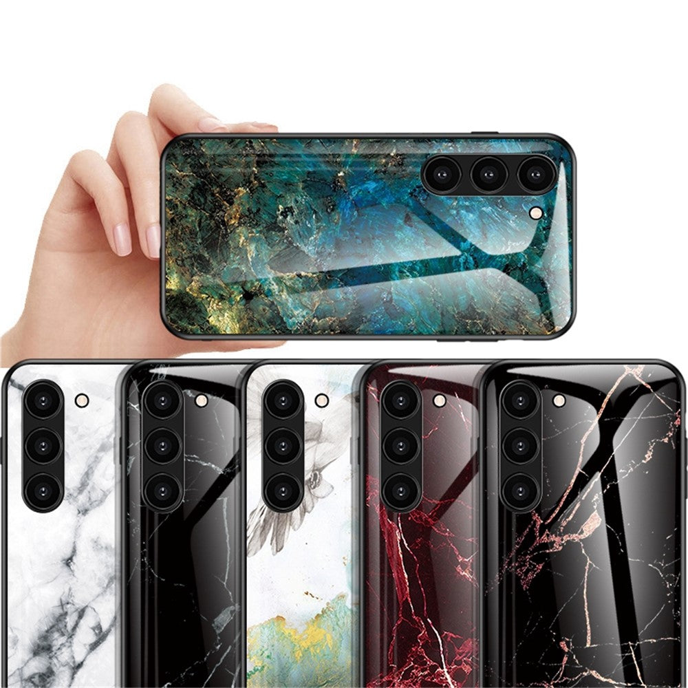For Samsung Galaxy S23+ Marble Pattern Printing Tempered Glass Back Case Shockproof PC +TPU Frame Scratch-Resistant Phone Cover