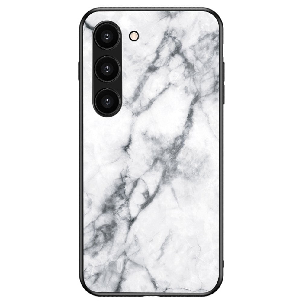 For Samsung Galaxy S23+ Marble Pattern Printing Tempered Glass Back Case Shockproof PC +TPU Frame Scratch-Resistant Phone Cover