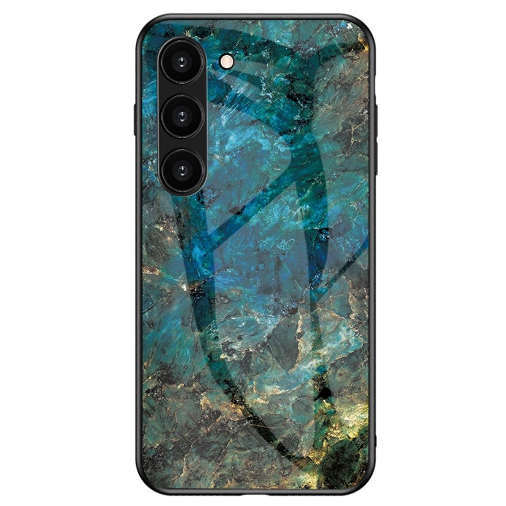 For Samsung Galaxy S23+ Marble Pattern Printing Tempered Glass Back Case Shockproof PC +TPU Frame Scratch-Resistant Phone Cover