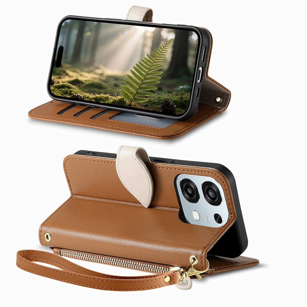 Stand Case for Oppo F31 5G  /  A6 Pro 5G Leaf Shape Magnetic Clasp Leather Phone Cover with Hand Strap