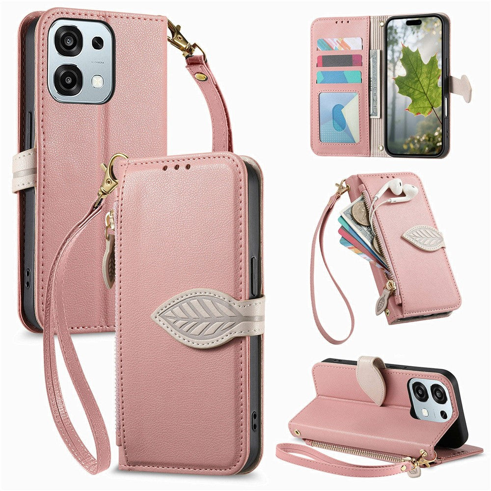 Stand Case for Oppo F31 5G  /  A6 Pro 5G Leaf Shape Magnetic Clasp Leather Phone Cover with Hand Strap