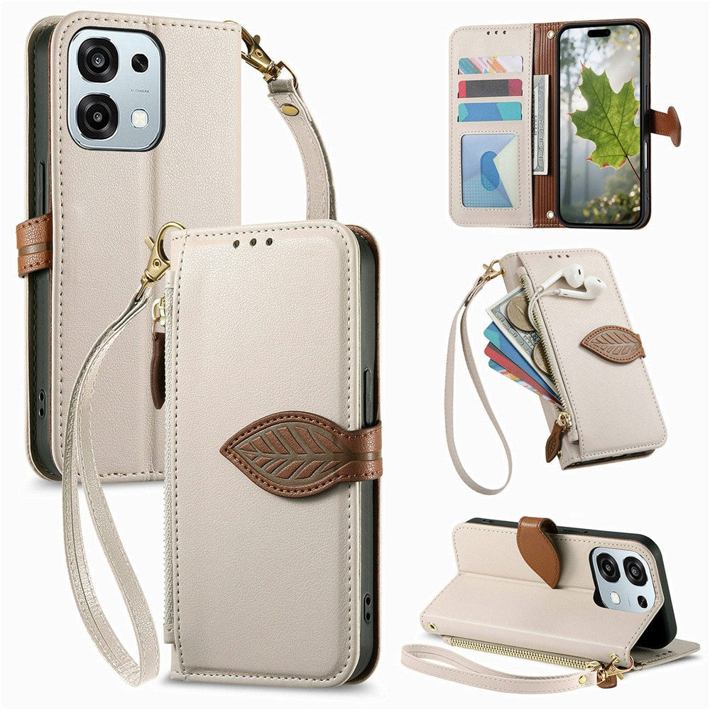 Stand Case for Oppo F31 5G  /  A6 Pro 5G Leaf Shape Magnetic Clasp Leather Phone Cover with Hand Strap