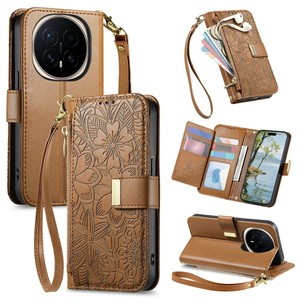 For Honor Magic8 Pro 5G Floral Leaf Buckle Wallet Case Card Holder With Hand Strap Leather Cover