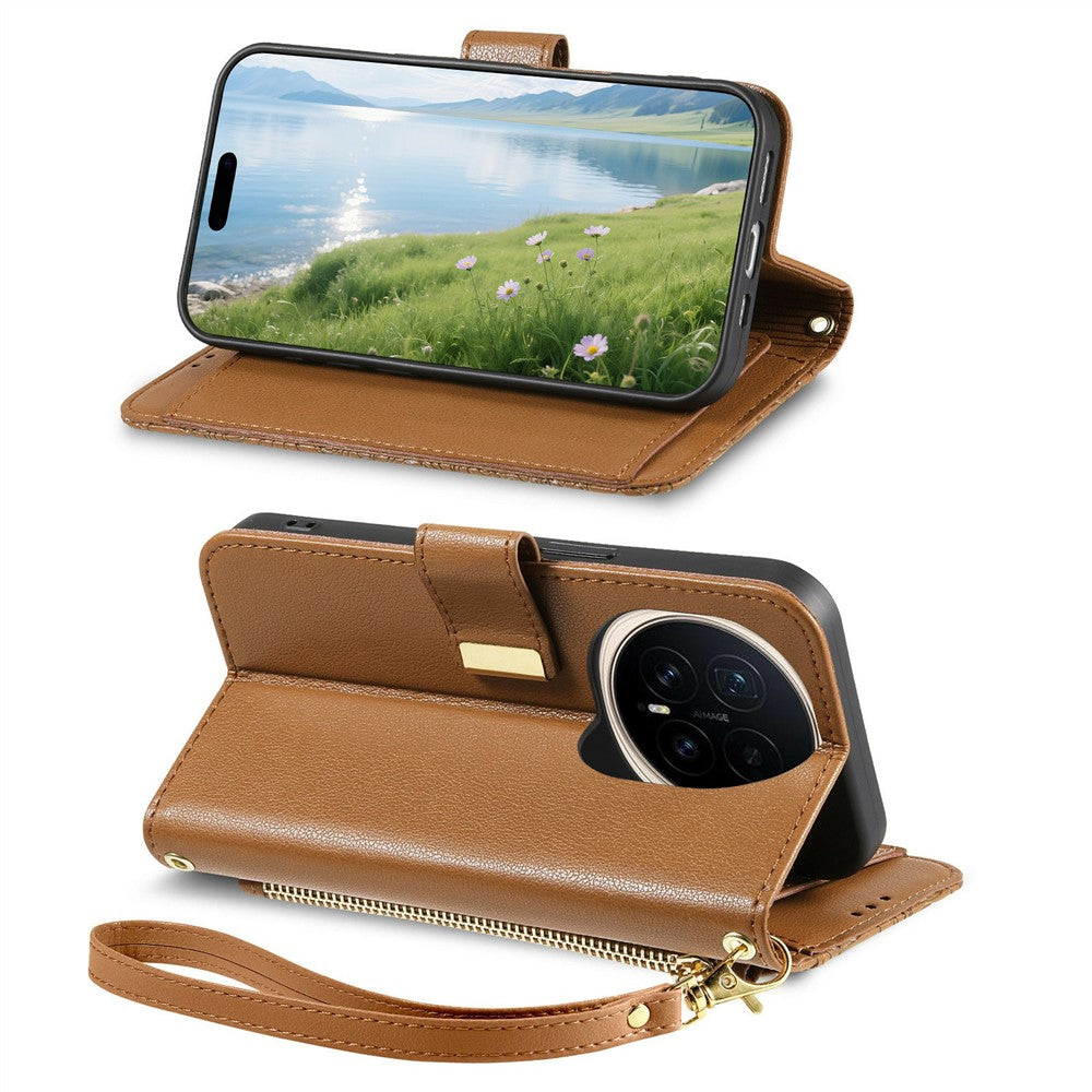 For Honor Magic8 Pro 5G Floral Leaf Buckle Wallet Case Card Holder With Hand Strap Leather Cover