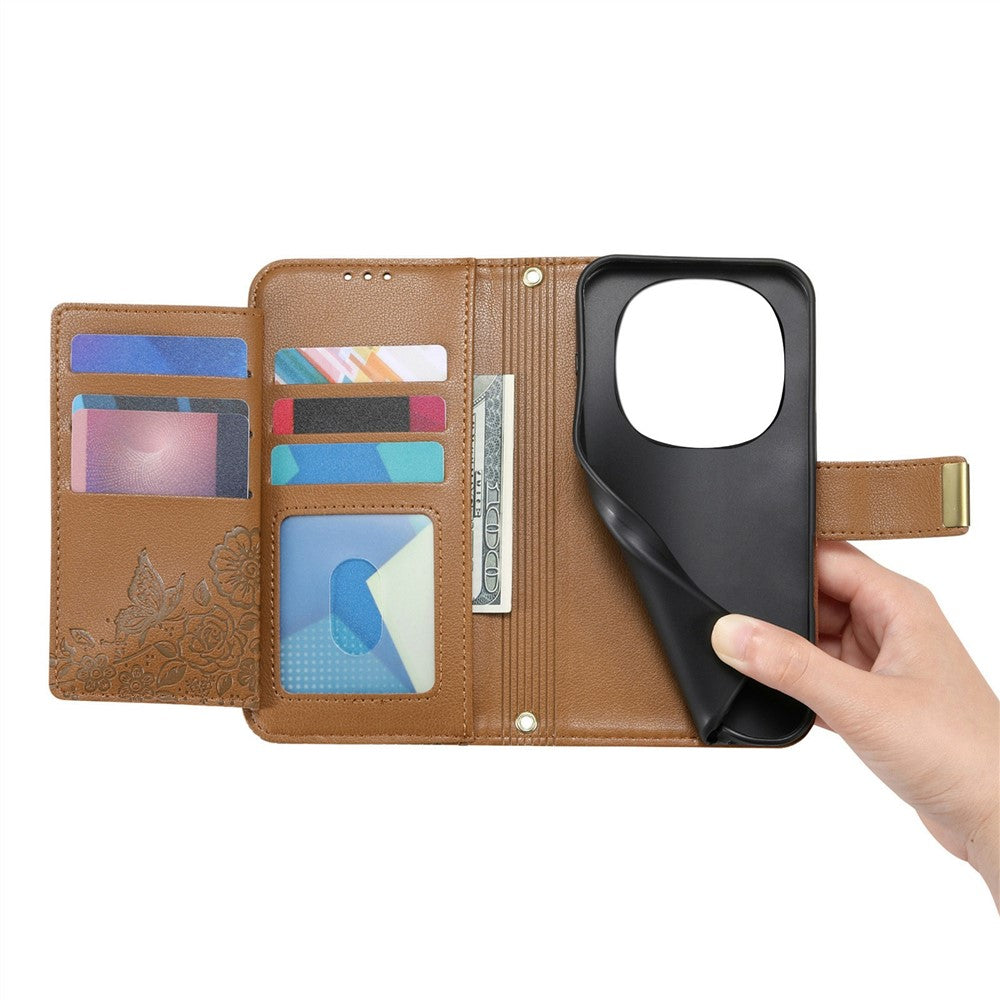 For Honor Magic8 Pro 5G Floral Leaf Buckle Wallet Case Card Holder With Hand Strap Leather Cover