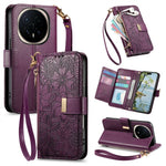 For Honor Magic8 Pro 5G Floral Leaf Buckle Wallet Case Card Holder With Hand Strap Leather Cover