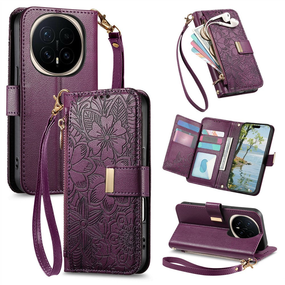 For Honor Magic8 Pro 5G Floral Leaf Buckle Wallet Case Card Holder With Hand Strap Leather Cover