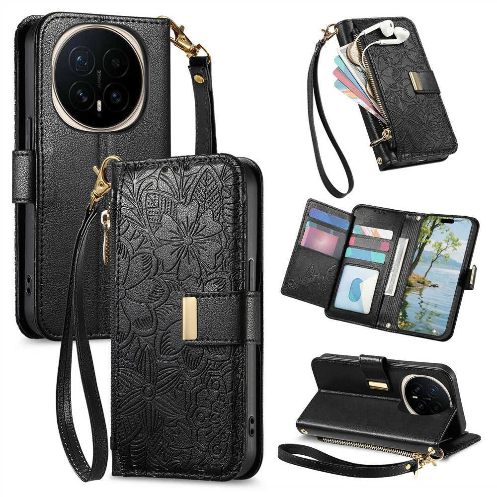 For Honor Magic8 Pro 5G Floral Leaf Buckle Wallet Case Card Holder With Hand Strap Leather Cover