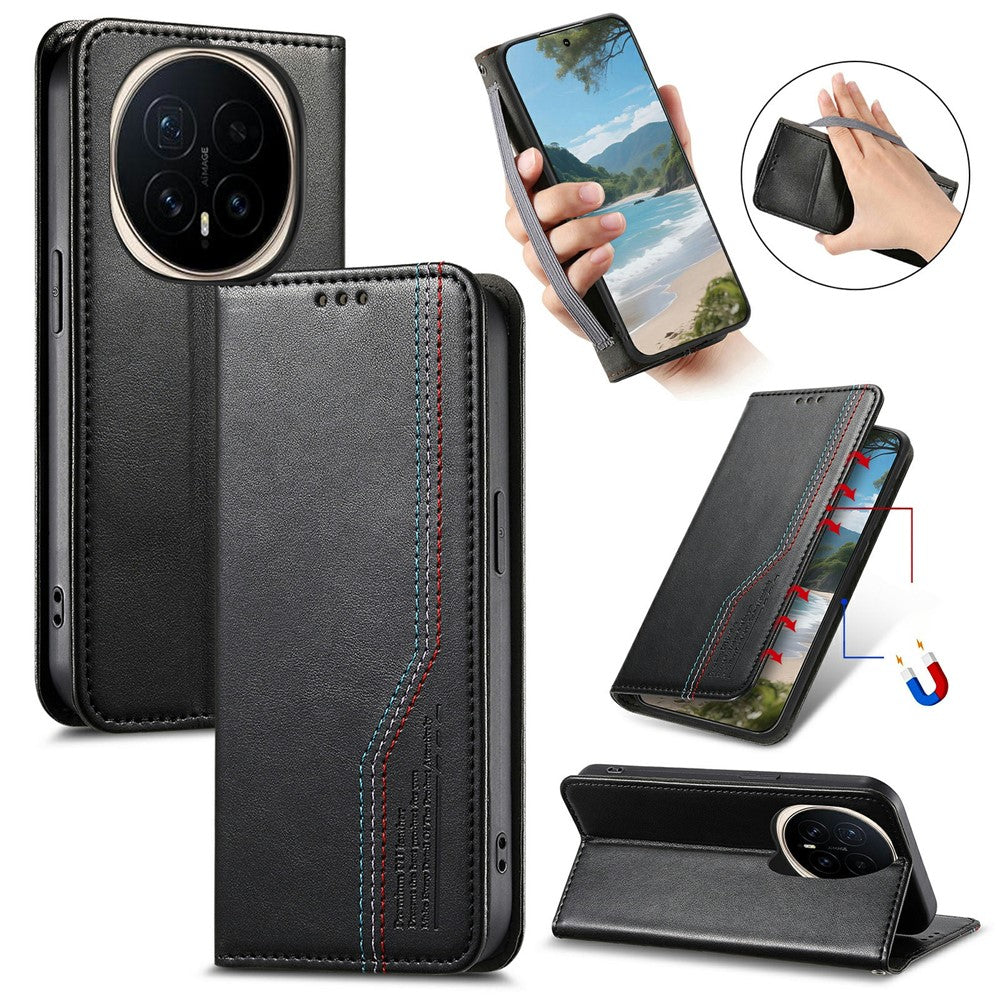 For Honor Magic8 5G Case Wallet Tri-Color Stitching Leather Phone Cover with Elastic Wristband