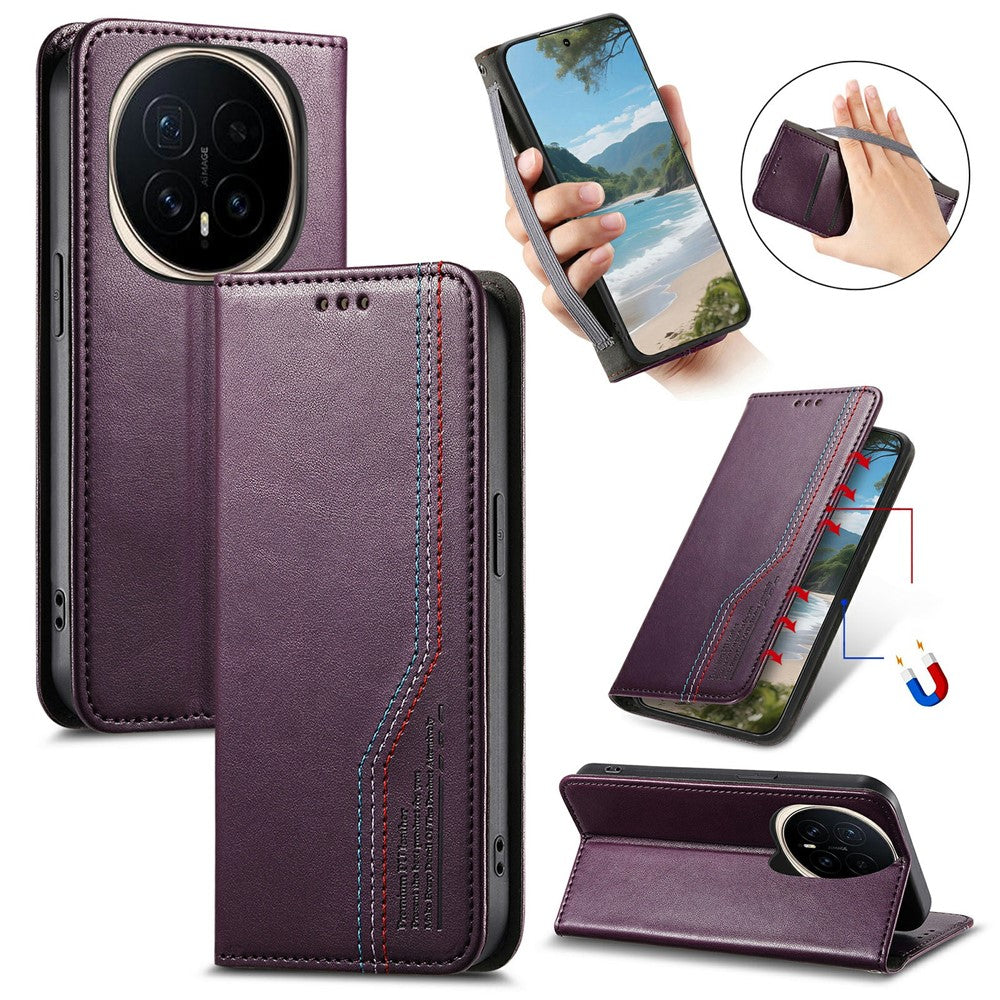 For Honor Magic8 5G Case Wallet Tri-Color Stitching Leather Phone Cover with Elastic Wristband