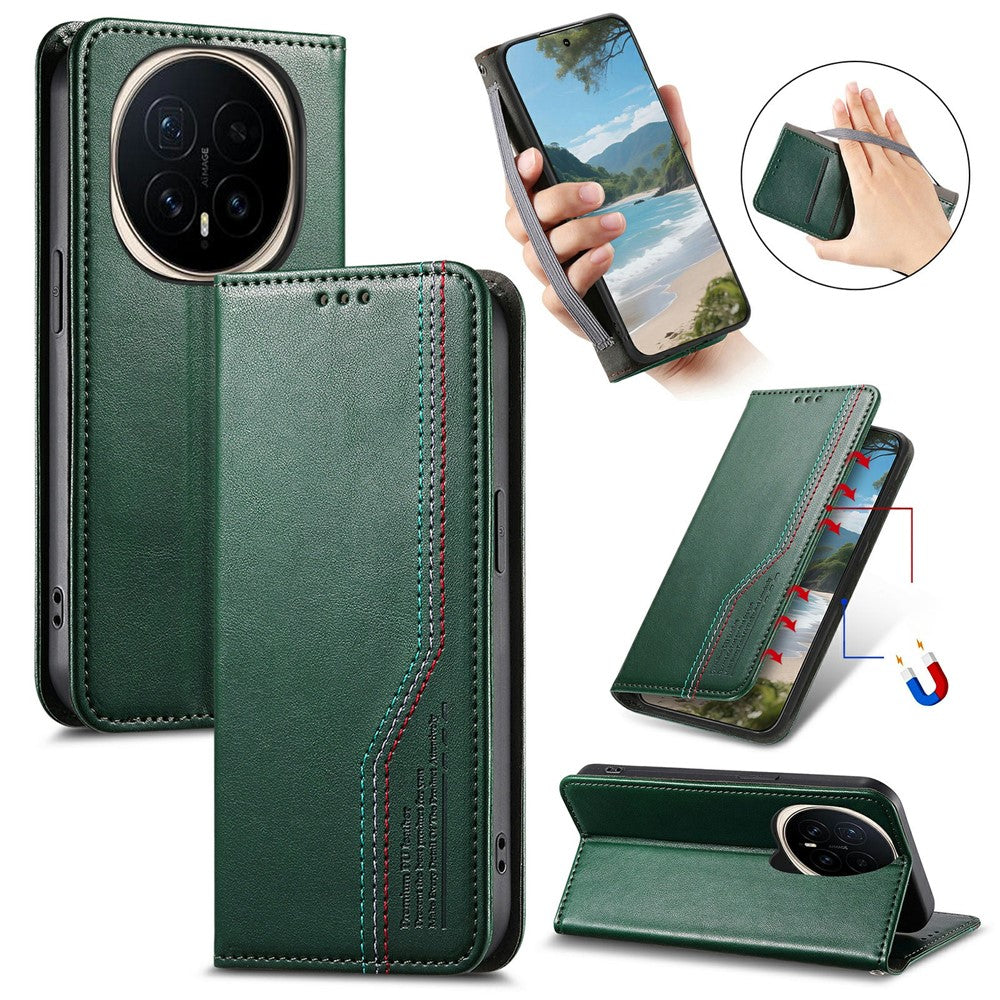 For Honor Magic8 5G Case Wallet Tri-Color Stitching Leather Phone Cover with Elastic Wristband