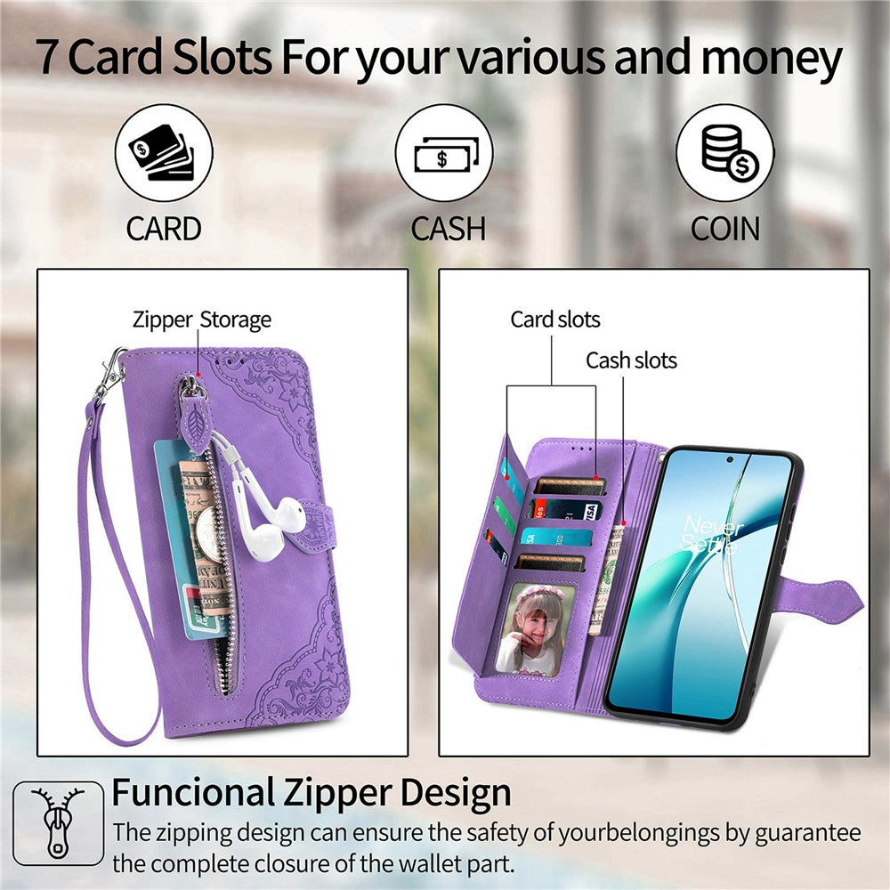 For Honor Magic8 5G Zipper Wallet Case with Strap Flower Imprint PU Leather Phone Cover