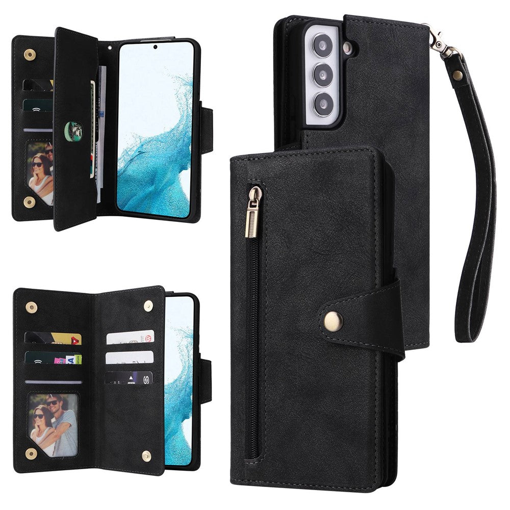 Samsung Galaxy S23-cover med nitte, PU-læderetui, stativ, pung, flere kortlommer og mobilcover med rem