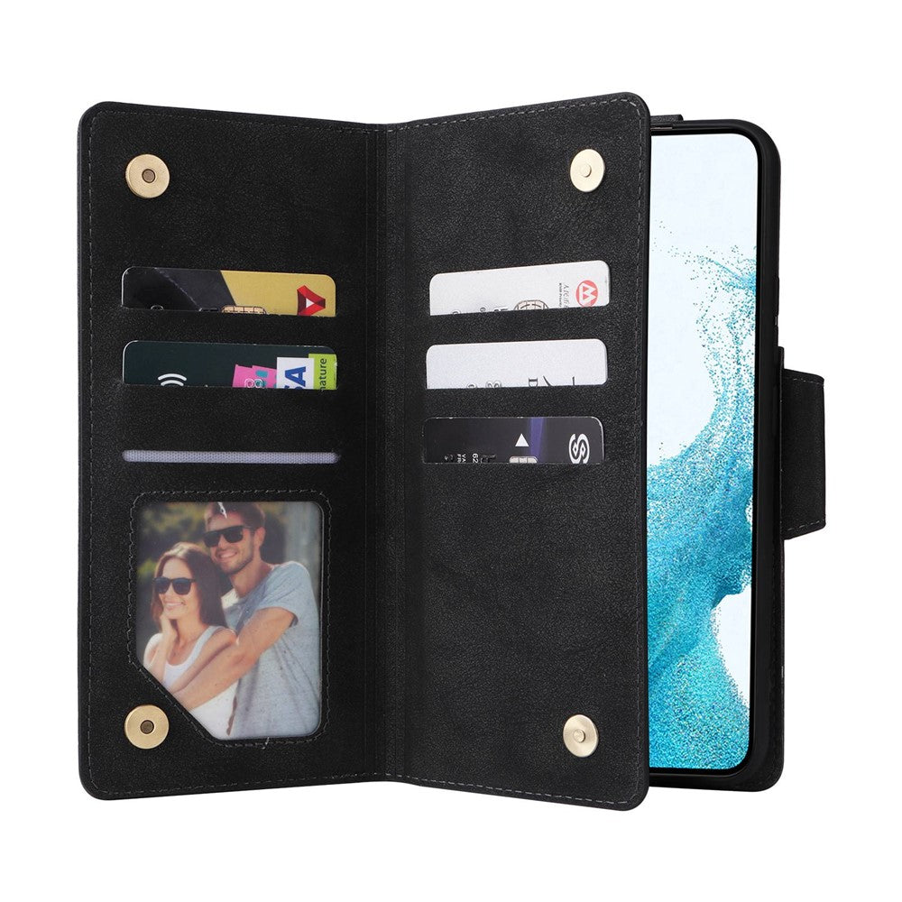 Samsung Galaxy S23-cover med nitte, PU-læderetui, stativ, pung, flere kortlommer og mobilcover med rem