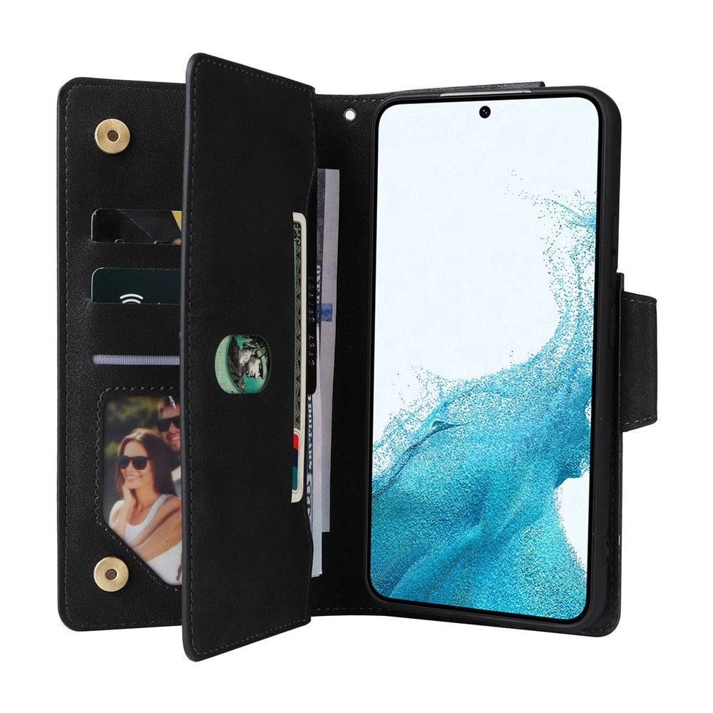 Samsung Galaxy S23-cover med nitte, PU-læderetui, stativ, pung, flere kortlommer og mobilcover med rem