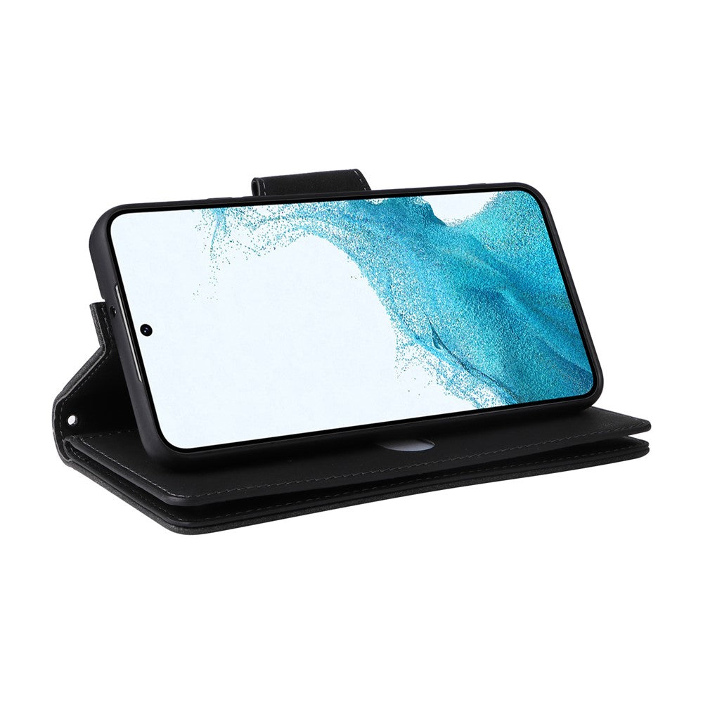 Samsung Galaxy S23-cover med nitte, PU-læderetui, stativ, pung, flere kortlommer og mobilcover med rem