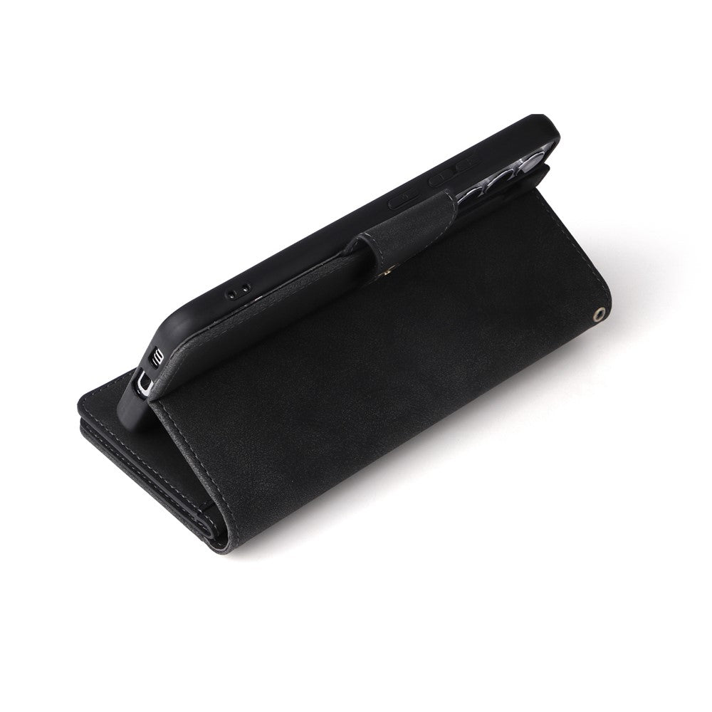 Samsung Galaxy S23-cover med nitte, PU-læderetui, stativ, pung, flere kortlommer og mobilcover med rem