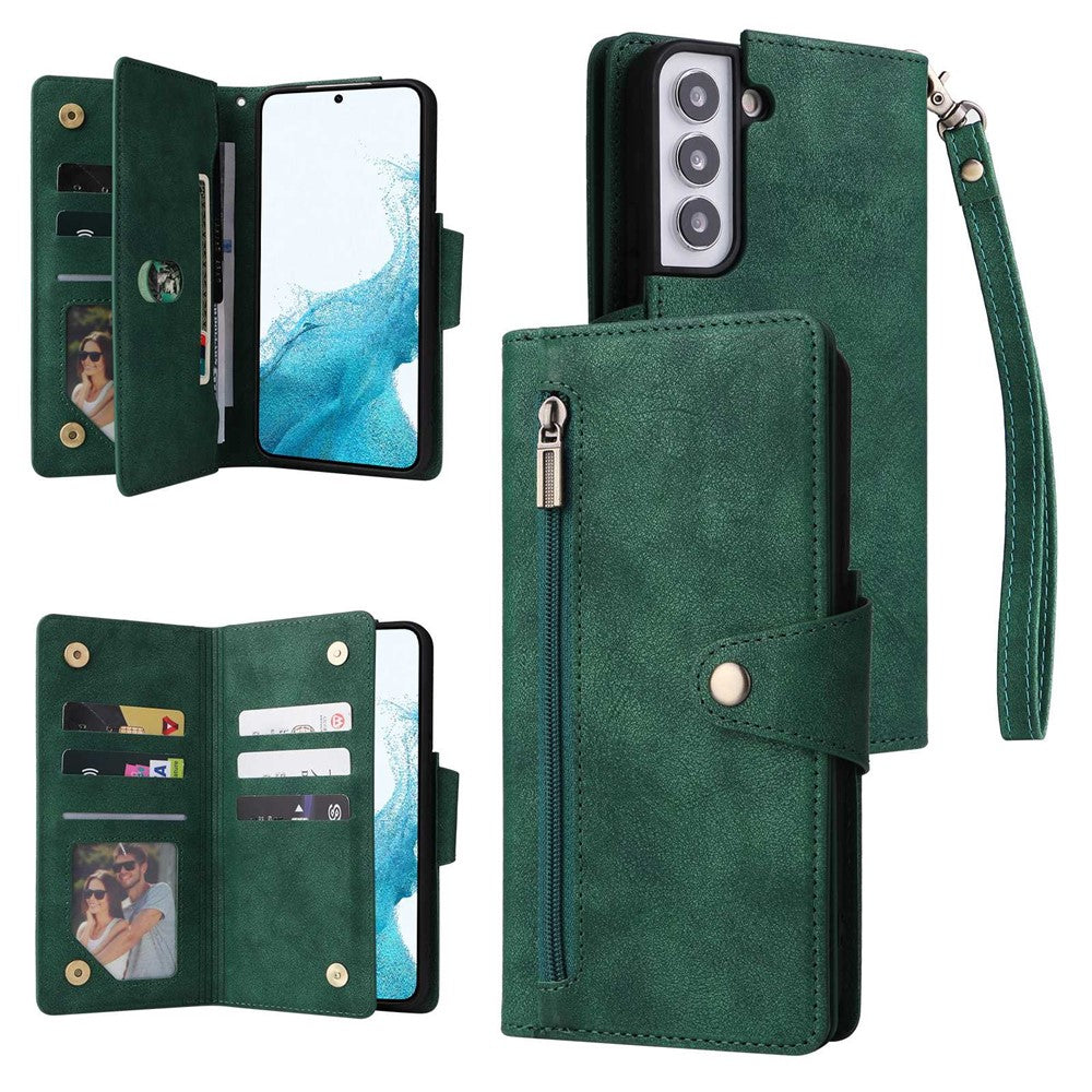 Samsung Galaxy S23-cover med nitte, PU-læderetui, stativ, pung, flere kortlommer og mobilcover med rem