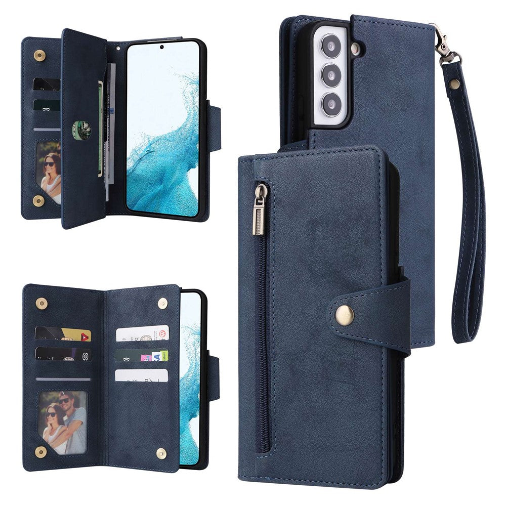 Samsung Galaxy S23-cover med nitte, PU-læderetui, stativ, pung, flere kortlommer og mobilcover med rem