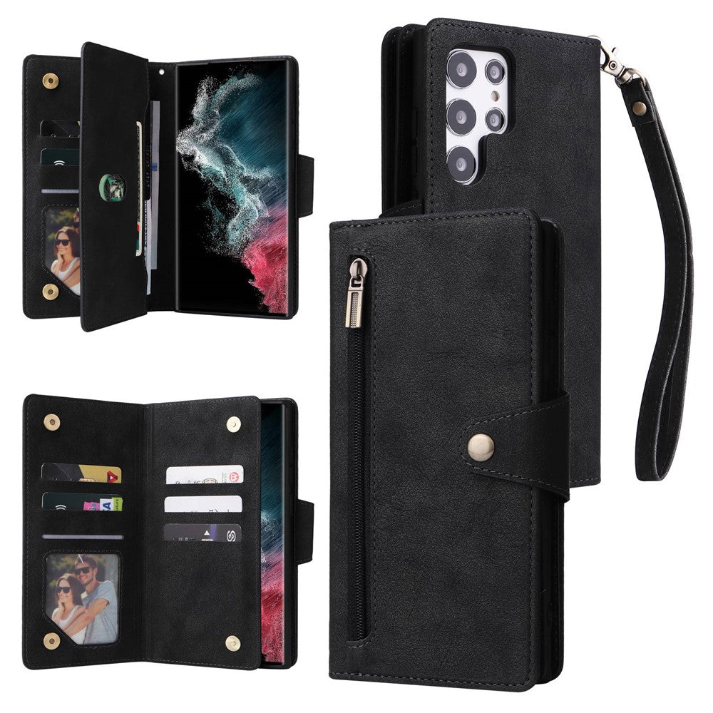 For Samsung Galaxy S23 Ultra Phone Case Stand Wallet Multiple Card Slots Rivet Buckle PU Leather Phone Cover with Strap