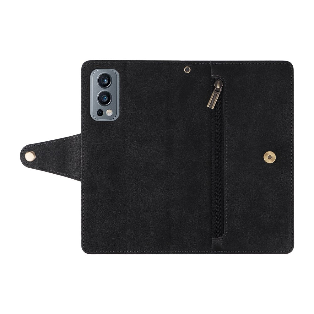 OnePlus Nord 2 5G, dragkedja, fickdesign, mobilfodral med nitspänne, PU-läder, mobilfodral med stativ, plånbok och rem
