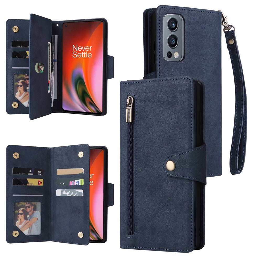 OnePlus Nord 2 5G, dragkedja, fickdesign, mobilfodral med nitspänne, PU-läder, mobilfodral med stativ, plånbok och rem