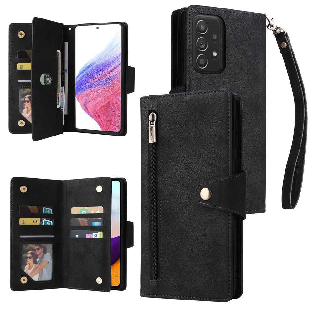 For Samsung Galaxy A53 5G Multiple Card Slots Phone Cover Rivet Buckle PU Leather Phone Case Stand Wallet with Strap