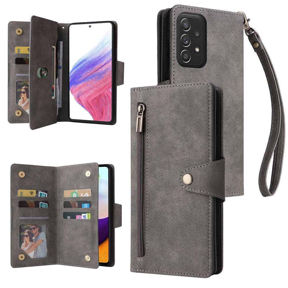 For Samsung Galaxy A53 5G Multiple Card Slots Phone Cover Rivet Buckle PU Leather Phone Case Stand Wallet with Strap