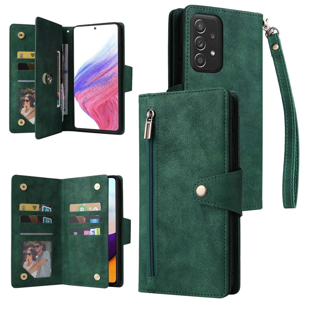 For Samsung Galaxy A53 5G Multiple Card Slots Phone Cover Rivet Buckle PU Leather Phone Case Stand Wallet with Strap