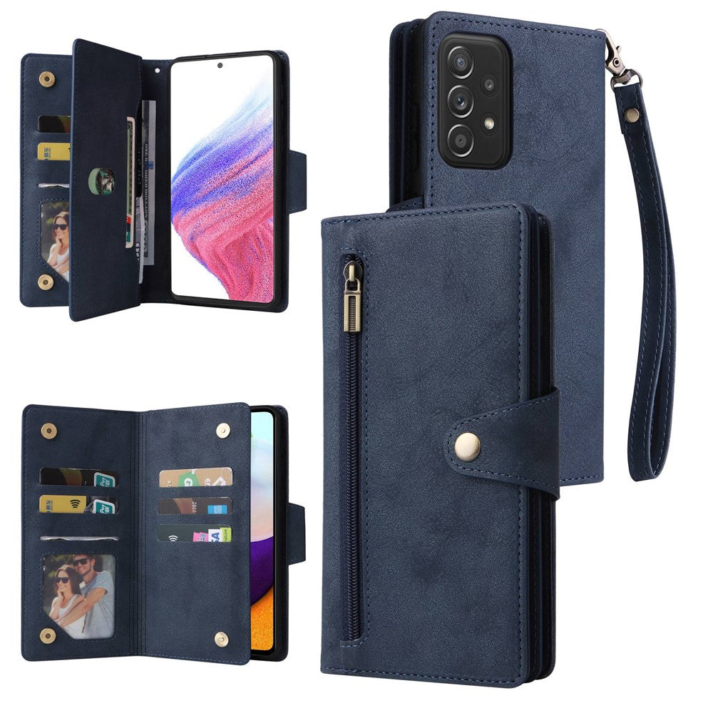 For Samsung Galaxy A53 5G Multiple Card Slots Phone Cover Rivet Buckle PU Leather Phone Case Stand Wallet with Strap