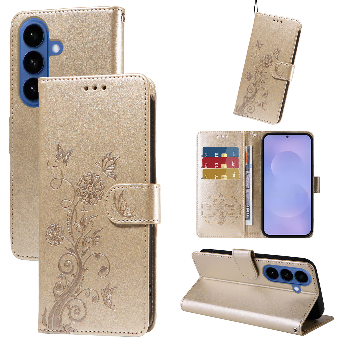 For Samsung Galaxy S26+ Leather Case Butterfly Floral Imprint Wallet Stand Cover