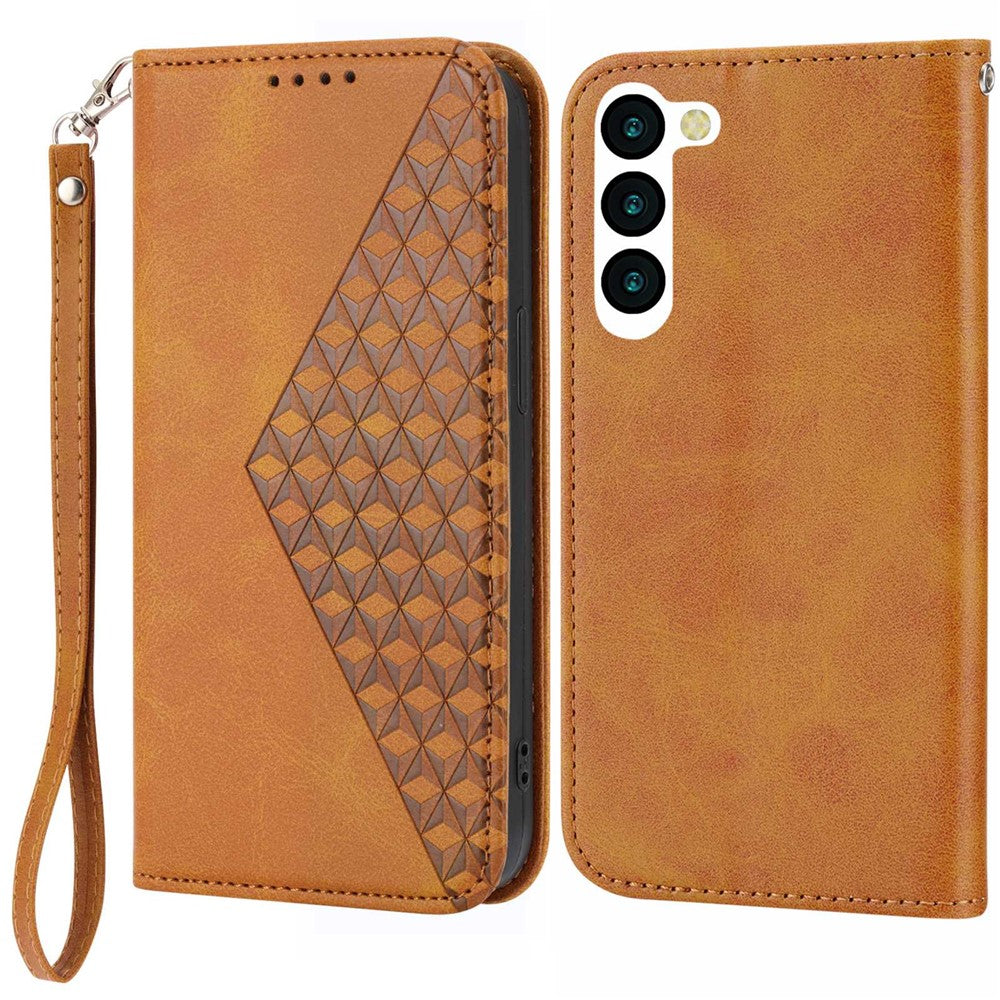 For Samsung Galaxy S23+ Calf Texture Imprinted Rhombus Pattern PU Leather Case Wallet Folio Flip Phone Stand Cover with Strap
