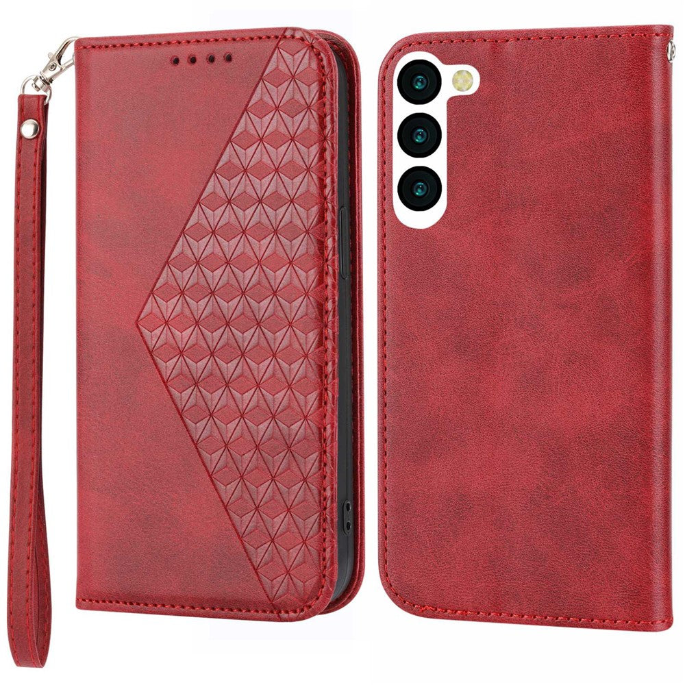 For Samsung Galaxy S23+ Calf Texture Imprinted Rhombus Pattern PU Leather Case Wallet Folio Flip Phone Stand Cover with Strap