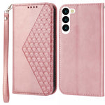 For Samsung Galaxy S23+ Calf Texture Imprinted Rhombus Pattern PU Leather Case Wallet Folio Flip Phone Stand Cover with Strap
