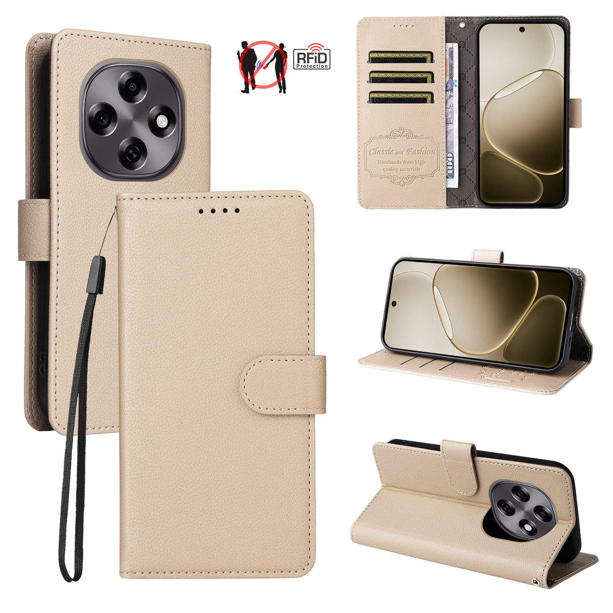 For Oppo F31 Pro 5G / Oppo A6 Pro 5G (China) Case RFID Blocking 3 Card Slots PU Leather Phone Cover with Wrist Strap